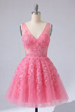 A-Line Hot Pink Floral V-Neck Tulle Homecoming Dress