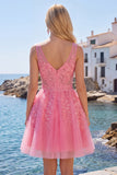 A-Line Hot Pink Floral V-Neck Tulle Homecoming Dress