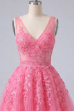 A-Line Hot Pink Floral V-Neck Tulle Homecoming Dress