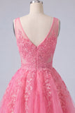 A-Line Hot Pink Floral V-Neck Tulle Homecoming Dress