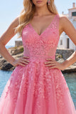A-Line Hot Pink Floral V-Neck Tulle Homecoming Dress