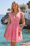Hot Pink Floral A-Line V-Neck Tulle Sheer Corset Homecoming Dress with Cap Sleeves