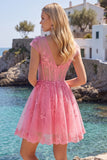 Hot Pink Floral A-Line V-Neck Tulle Sheer Corset Homecoming Dress with Cap Sleeves
