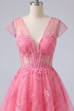 Hot Pink Floral A-Line V-Neck Tulle Sheer Corset Homecoming Dress with Cap Sleeves