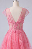 Hot Pink Floral A-Line V-Neck Tulle Sheer Corset Homecoming Dress with Cap Sleeves