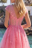 Hot Pink Floral A-Line V-Neck Tulle Sheer Corset Homecoming Dress with Cap Sleeves