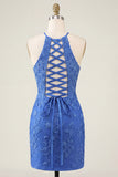 Royal Blue Floral Bodycon Halter Neck Homecoming Dress with Beading