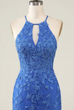 Royal Blue Floral Bodycon Halter Neck Homecoming Dress with Beading