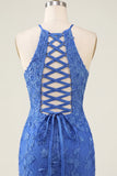 Royal Blue Floral Bodycon Halter Neck Homecoming Dress with Beading