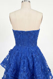 Royal Blue A-Line Sweetheart Floral Beaded Corset Homecoming Dress with Bow