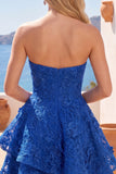 Royal Blue A-Line Sweetheart Floral Beaded Corset Homecoming Dress with Bow