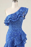 One Shoulder Royal Blue Bodycon Floral Beaded Ruffled Homecoming Dress with Slit