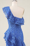One Shoulder Royal Blue Bodycon Floral Beaded Ruffled Homecoming Dress with Slit