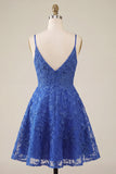 A-Line Royal Blue Floral Beaded Spaghetti Straps Homecoming Dress
