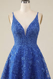 A-Line Royal Blue Floral Beaded Spaghetti Straps Homecoming Dress
