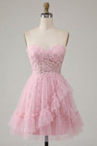 A-Line Pink Sweetheart Floral Homecoming Dress with Ruffles