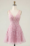 A-Line Pink V-Neck Floral Homecoming Dress
