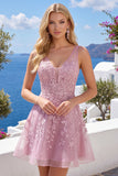 A-Line Pink V-Neck Floral Homecoming Dress