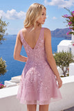 A-Line Pink V-Neck Floral Homecoming Dress