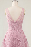 A-Line Pink V-Neck Floral Homecoming Dress