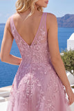 A-Line Pink V-Neck Floral Homecoming Dress