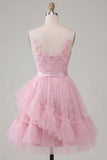 A-Line Pink Floral Spaghetti Straps Homecoming Dress with Ruffles