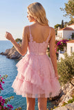 A-Line Pink Floral Spaghetti Straps Homecoming Dress with Ruffles