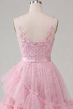 A-Line Pink Floral Spaghetti Straps Homecoming Dress with Ruffles