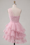 A-Line Pink One Shoulder Floral Tiered Homecoming Dress