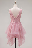 A-Line Pink V-Neck Tulle Floral Homecoming Dress