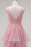 A-Line Pink V-Neck Tulle Floral Homecoming Dress