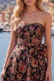Fuchsia Strapless Jacquard A-Line Floral Homecoming Dress with Bow