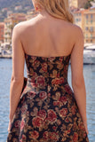 Fuchsia Strapless Jacquard A-Line Floral Homecoming Dress with Bow