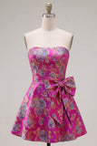Fuchsia Strapless Jacquard A-Line Floral Homecoming Dress with Bow