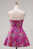 Fuchsia Strapless Jacquard A-Line Floral Homecoming Dress with Bow