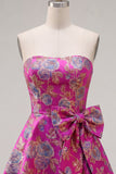 Fuchsia Strapless Jacquard A-Line Floral Homecoming Dress with Bow
