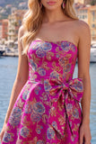 Fuchsia Strapless Jacquard A-Line Floral Homecoming Dress with Bow