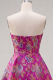 Fuchsia Strapless Jacquard A-Line Floral Homecoming Dress with Bow