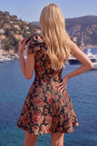 Blue One Shoulder Jacquard A-Line Floral Homecoming Dress with Bow