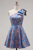Blue One Shoulder Jacquard A-Line Floral Homecoming Dress with Bow