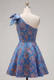 Blue One Shoulder Jacquard A-Line Floral Homecoming Dress with Bow