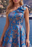 Blue One Shoulder Jacquard A-Line Floral Homecoming Dress with Bow