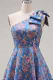Blue One Shoulder Jacquard A-Line Floral Homecoming Dress with Bow