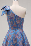 Blue One Shoulder Jacquard A-Line Floral Homecoming Dress with Bow
