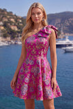 Blue One Shoulder Jacquard A-Line Floral Homecoming Dress with Bow