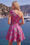 Blue One Shoulder Jacquard A-Line Floral Homecoming Dress with Bow