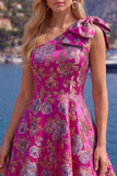 Blue One Shoulder Jacquard A-Line Floral Homecoming Dress with Bow