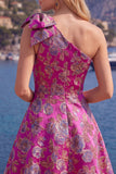 Blue One Shoulder Jacquard A-Line Floral Homecoming Dress with Bow