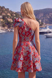 Blue One Shoulder Jacquard A-Line Floral Homecoming Dress with Bow