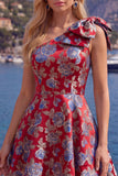 Blue One Shoulder Jacquard A-Line Floral Homecoming Dress with Bow